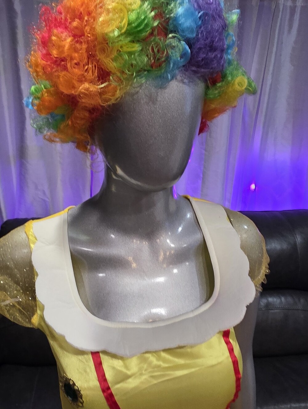 Small Adult Princess Clown Costume, Dress, Wig, Bowtie, Gloves & Clown Nose New